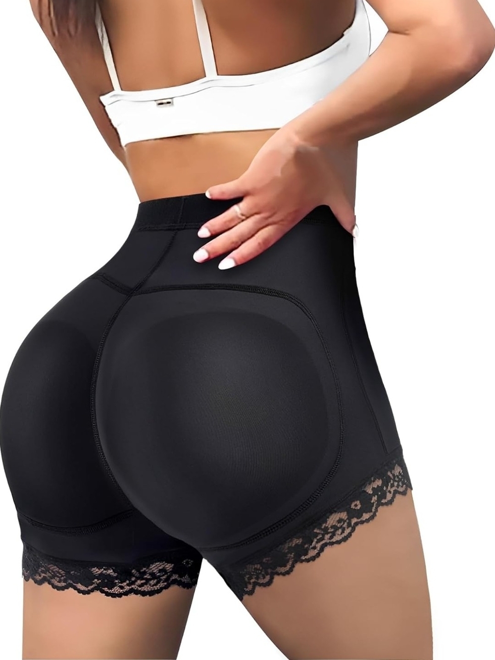 High-Waist Black Butt Lifting Shaping Shorts with Lace Trim